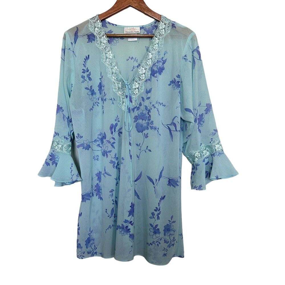 Alexandra Nicole Sz XL Blue Floral Sheer Nightgown Bell Sleeve Lace Accents